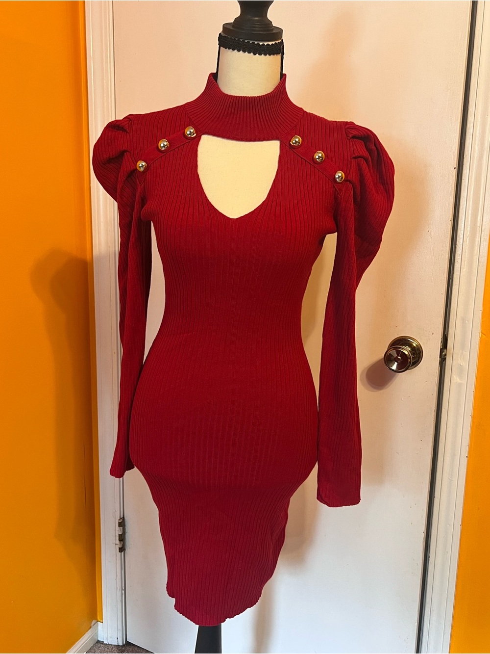 Plum Red Ribbed Cutout Long-Sleeve Dress with Gold Button Detail
